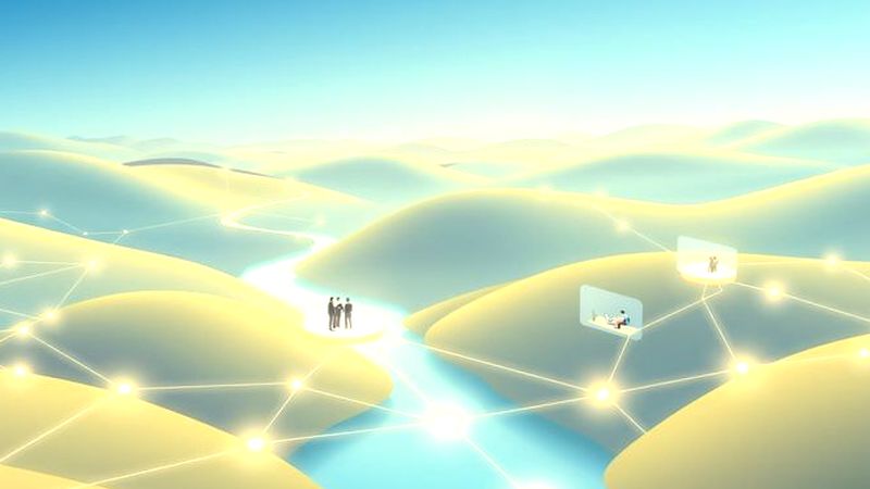 Redes luminosas conectan un paisaje digital sereno
