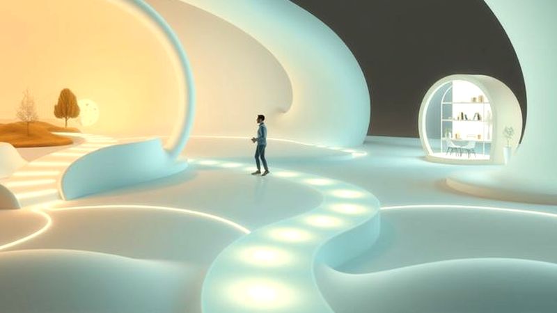 Una figura ilumina espacios virtuales serenos