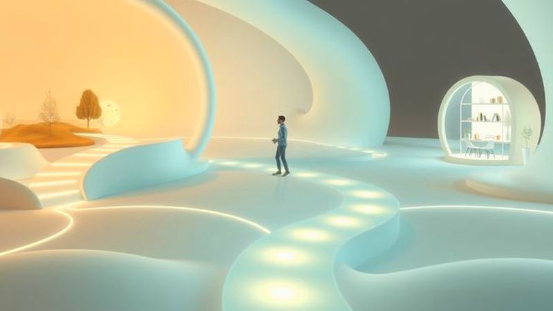Una figura ilumina espacios virtuales serenos