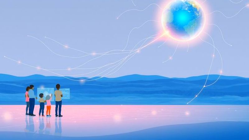 Planeta sereno rodeado de luz y progreso